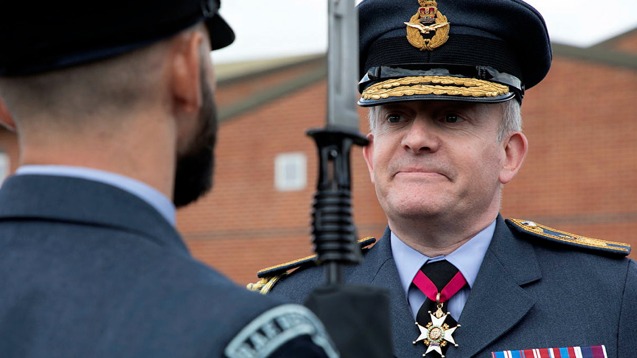 	Air Marshal Sir Richard Knighton (right) speaking to a soldier at RAF Honington. RAF Regiment Trainee Gunner Course 6-21, Meiktila Flight graduate from RAF Honington on the 4th August 2022 CREDIT MOD 30.03.23.jpg