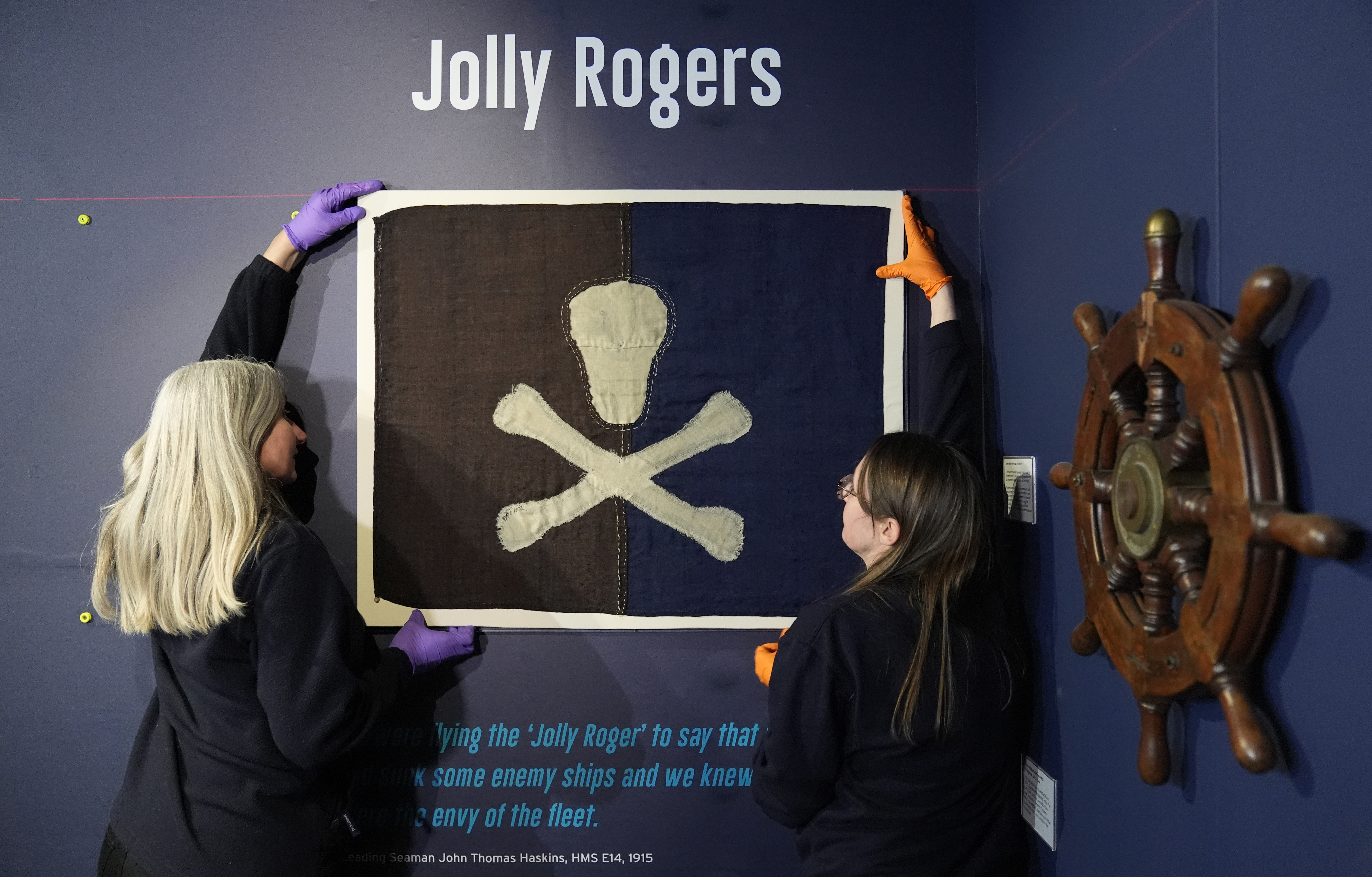 The earliest known surviving example of a Royal Navy submarine Jolly Roger, flown from HMS E54 during the First World War, is installed as part of a Jolly Roger display at the Royal Navy Submarine Museum in Gosport