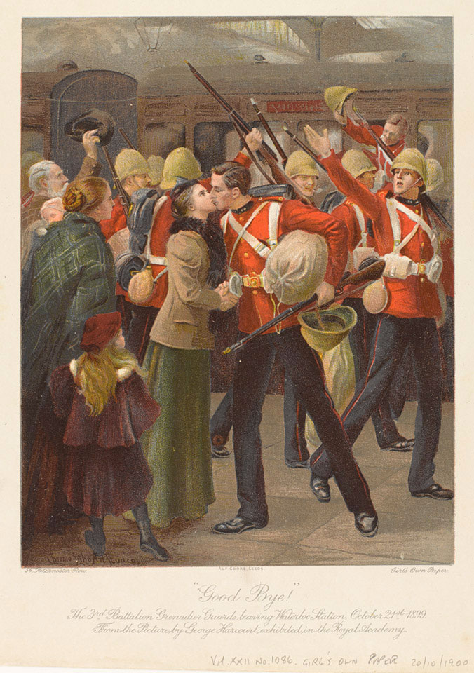 Painting depicting British Grenadier Guards leaving Waterloo station in October 1899