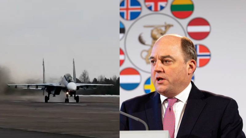 (right) Defence Secretary, Ben Wallace during the Joint Expeditionary Force press conference 23020222 CREDIT MOD (left) Russian military jet DATE UKNOWN CREDIT Russian MOD copy.png