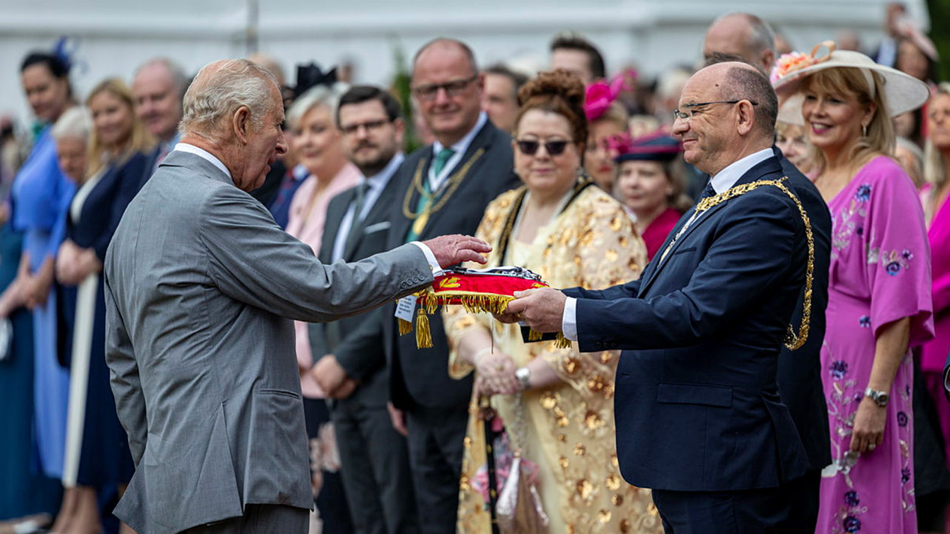 His Majesty The King symbolically receives the keys to the City of Edinburgh, offered by the Lord Provost of Edinburgh Councillor Robert Aldridge at Palace of Holyrood House