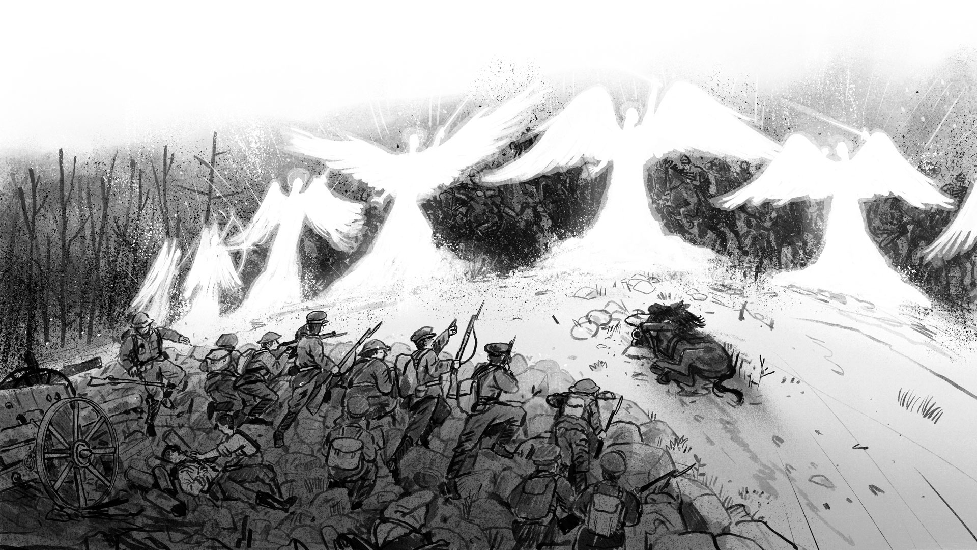 Artwork illustrating the Angels of Mons chapter in Wartime Ghost Stories book by Esme Smith (Picture: Joe Lillington and Imperial War Museums)