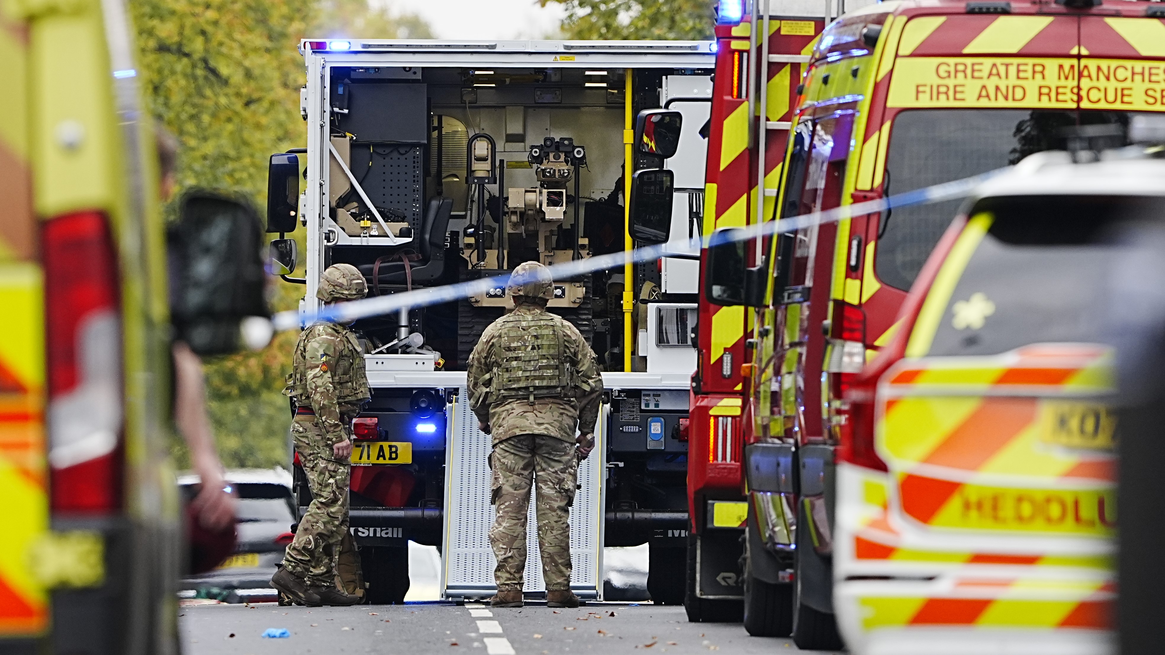 02102025 Members of the Army with a bomb disposal robot at the scene of an incident at Heaton Park Hebrew Congregation synagogue in Crumpsall, Manchester 