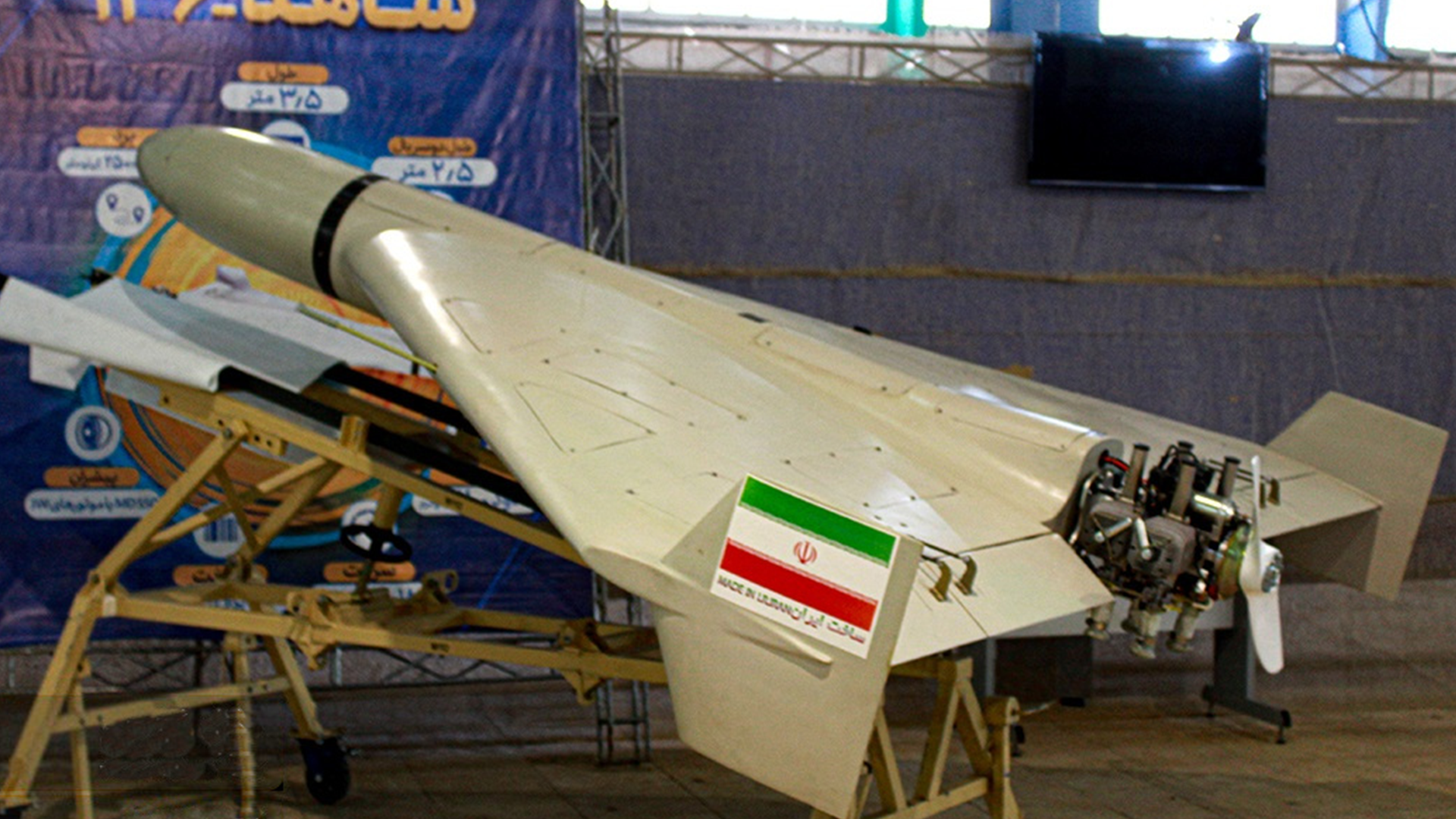 Iran's Shahed-136 drone, seen here at a showcase of Iran's Revolutionary Guard Corps (IRGC) capabilities in 2023