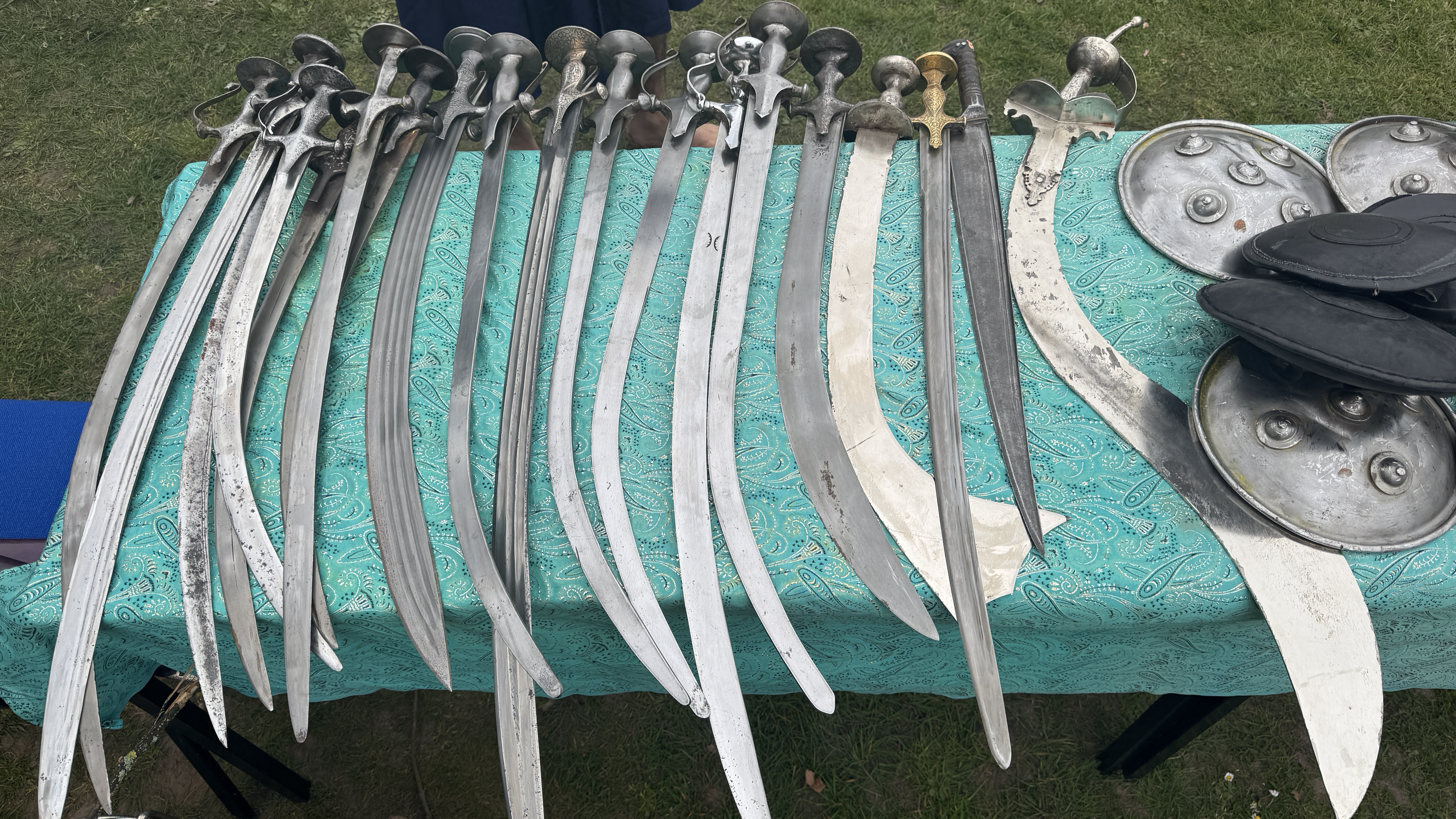 A selection of ceremonial swords used by a group of Nihang Singh Warriors to perform traditional Sikh martial arts