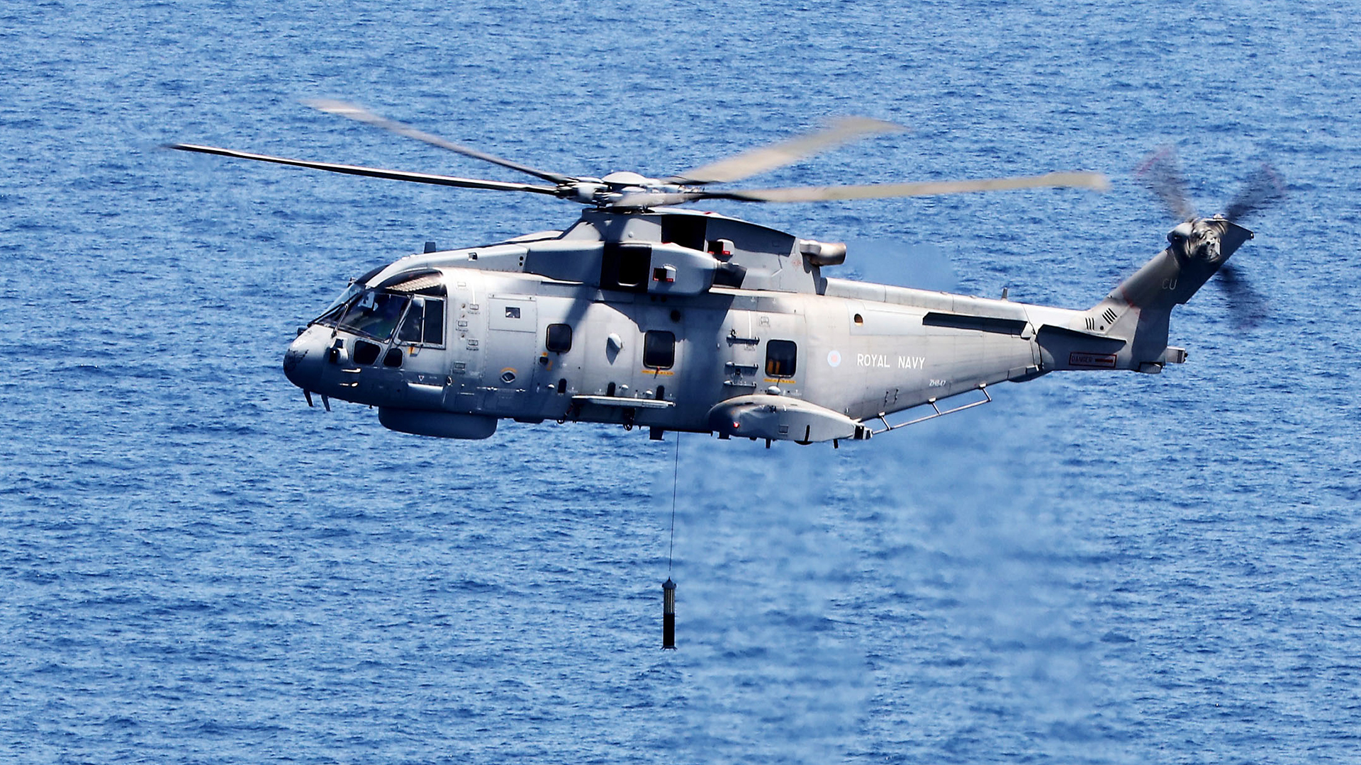 The Royal Navy's Merlin Mk2 is equipped with a sub-hunting sensor that is deployed in the water