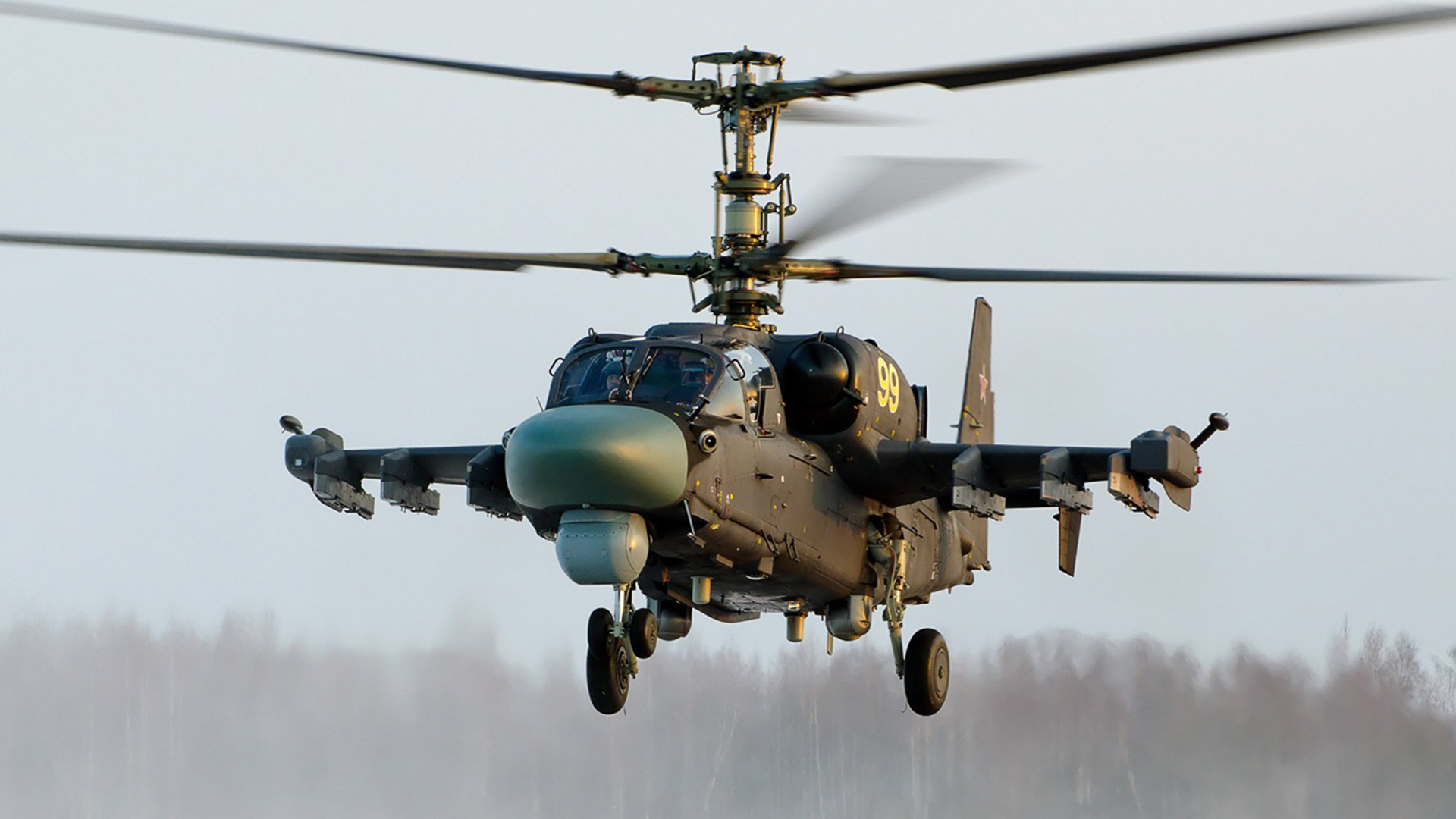 The Russian Ka-52 helicopter is fitted with a coaxial rotor system, eliminating the need for a tail rotor