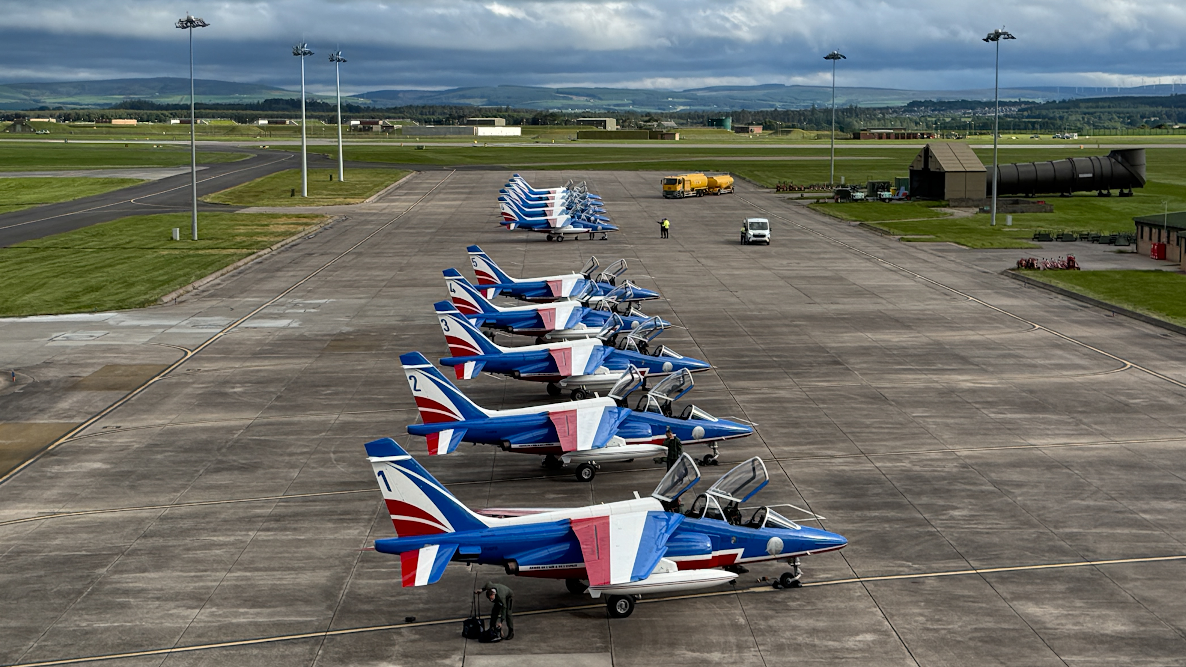 Alpha Jets flown by the Patrouille de France on an airfield