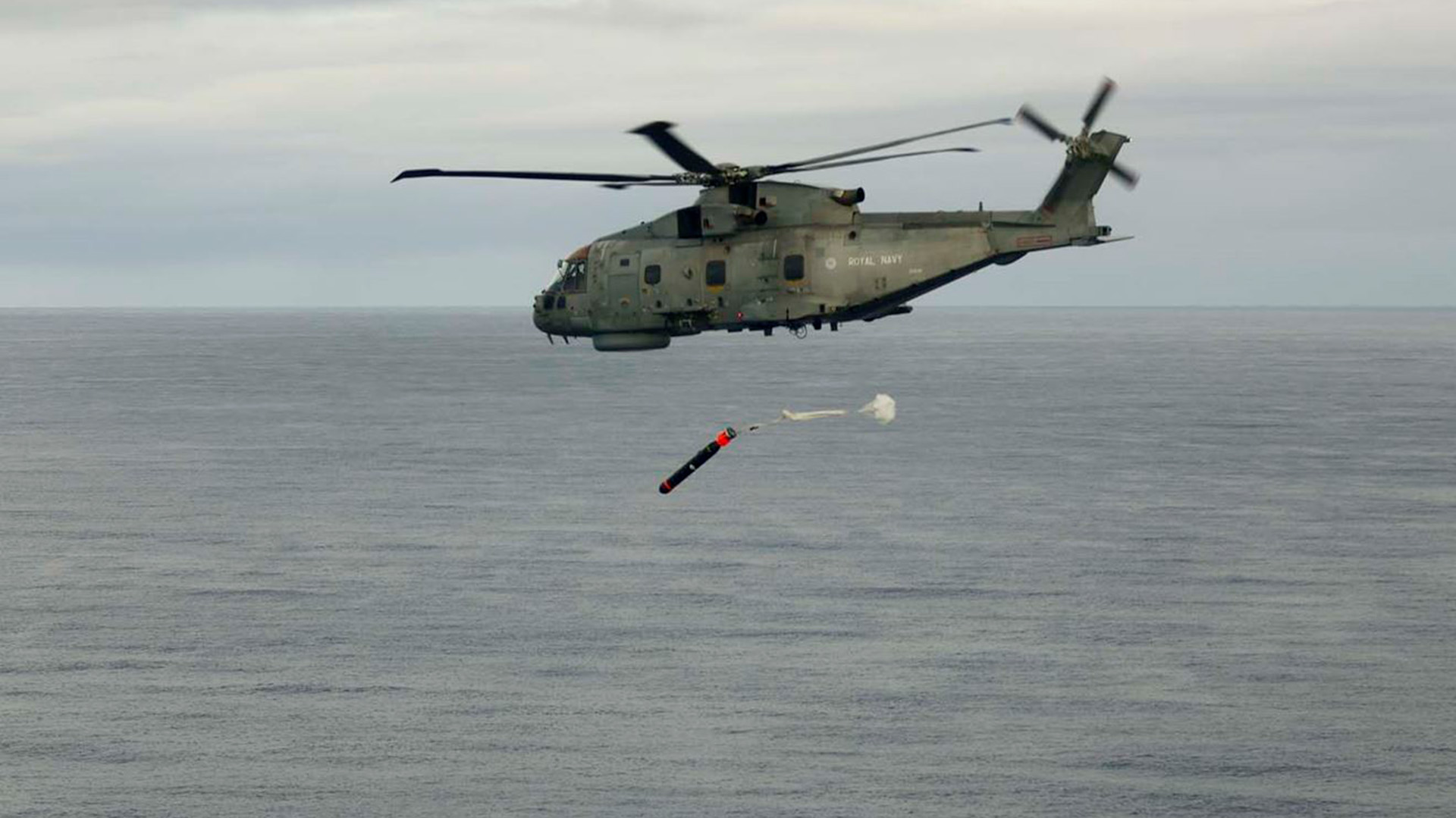 A Sting Ray torpedo being dropped by a helicopter (Picture: Royal Navy)