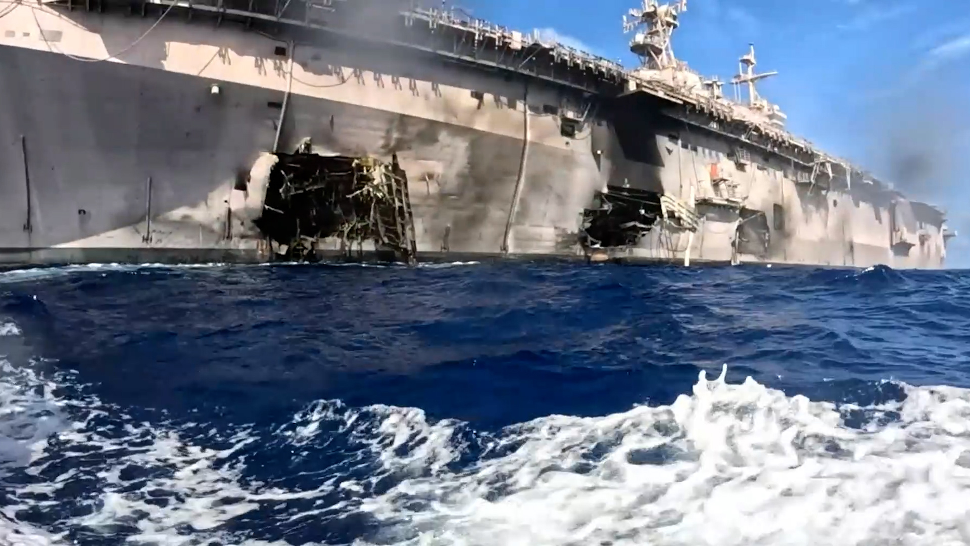 The aftermath of the Harpoon strike reveals the extensive damage caused by the two missiles - but despite all this the ship stayed afloat (Picture: US Department of War)