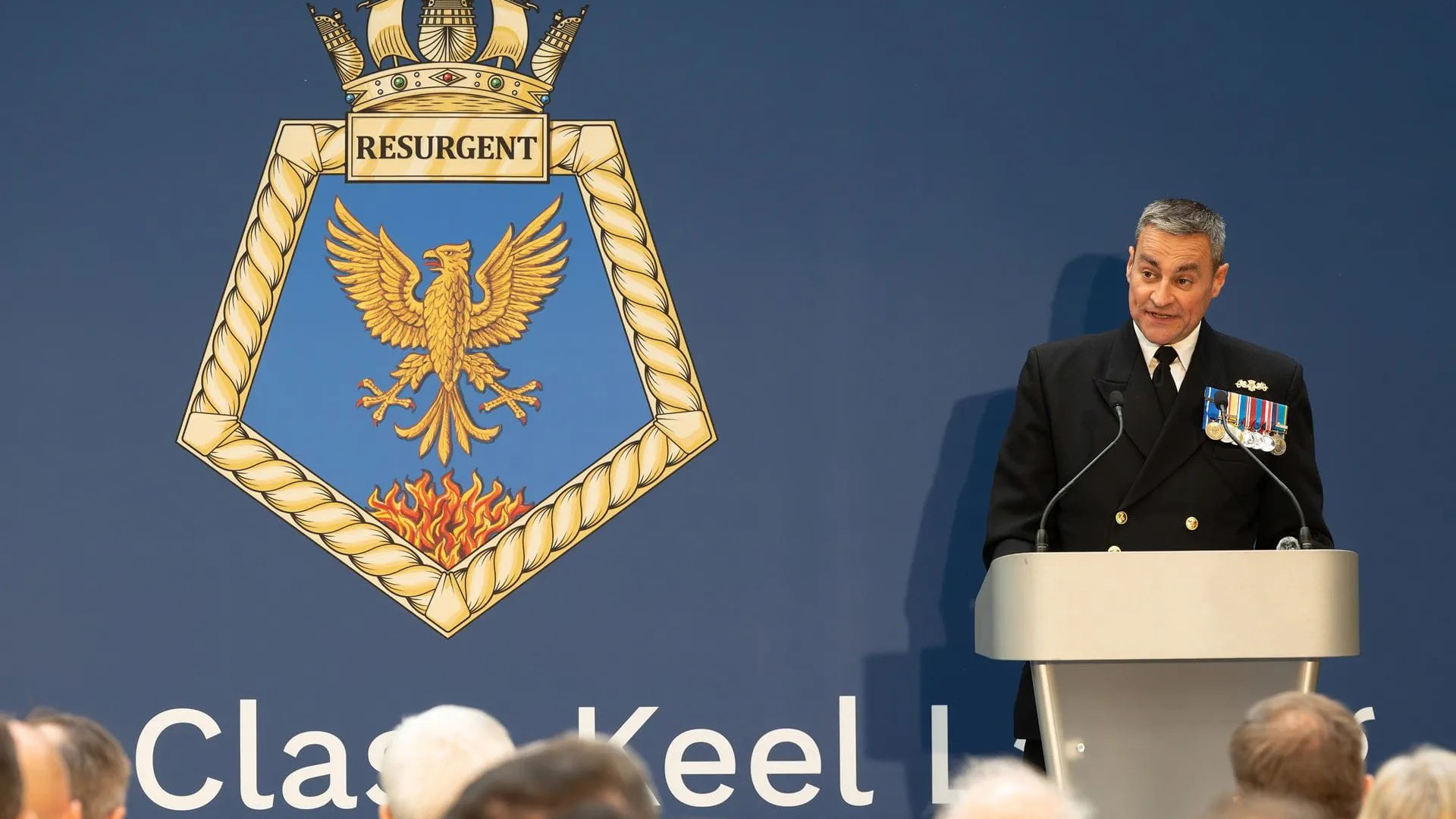 Commodore Sam Shattock speaking at RFA Resurgent's keel laying ceremony (Picture: Royal Navy)