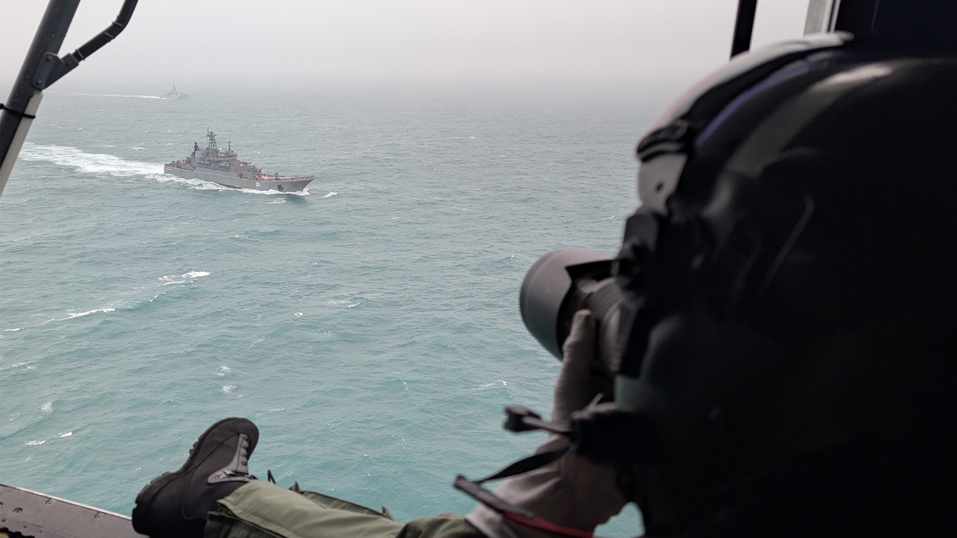 The crew of the 815 Naval Air Squadron Wildcat managed to take a few snaps of the Russian visitors