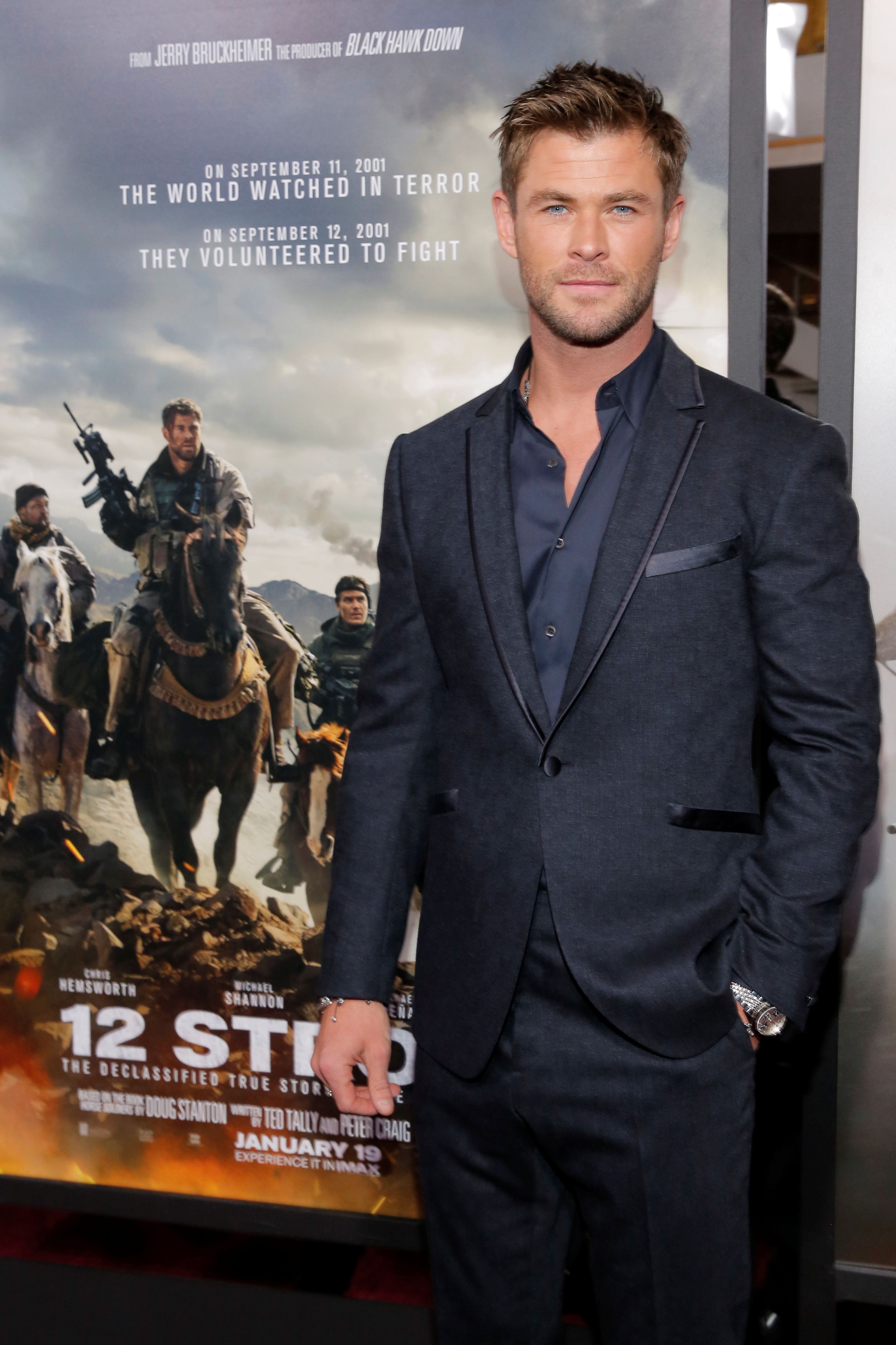 Chris Hemsworth at the premiere for 12 Strong, which told the story of the "horse soldiers" used on the ground in Afghanistan (Picture: Reuters)