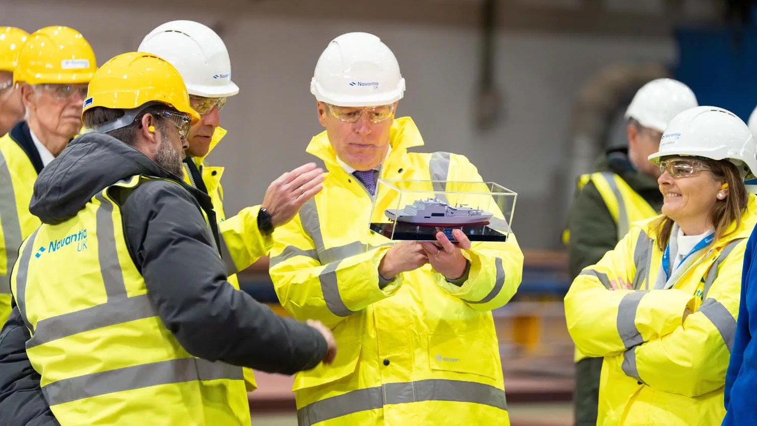 Defence Readiness and Industry Minister Luke Pollard is shown a model of the new FSS ships during a visit to the North Devon shipyard