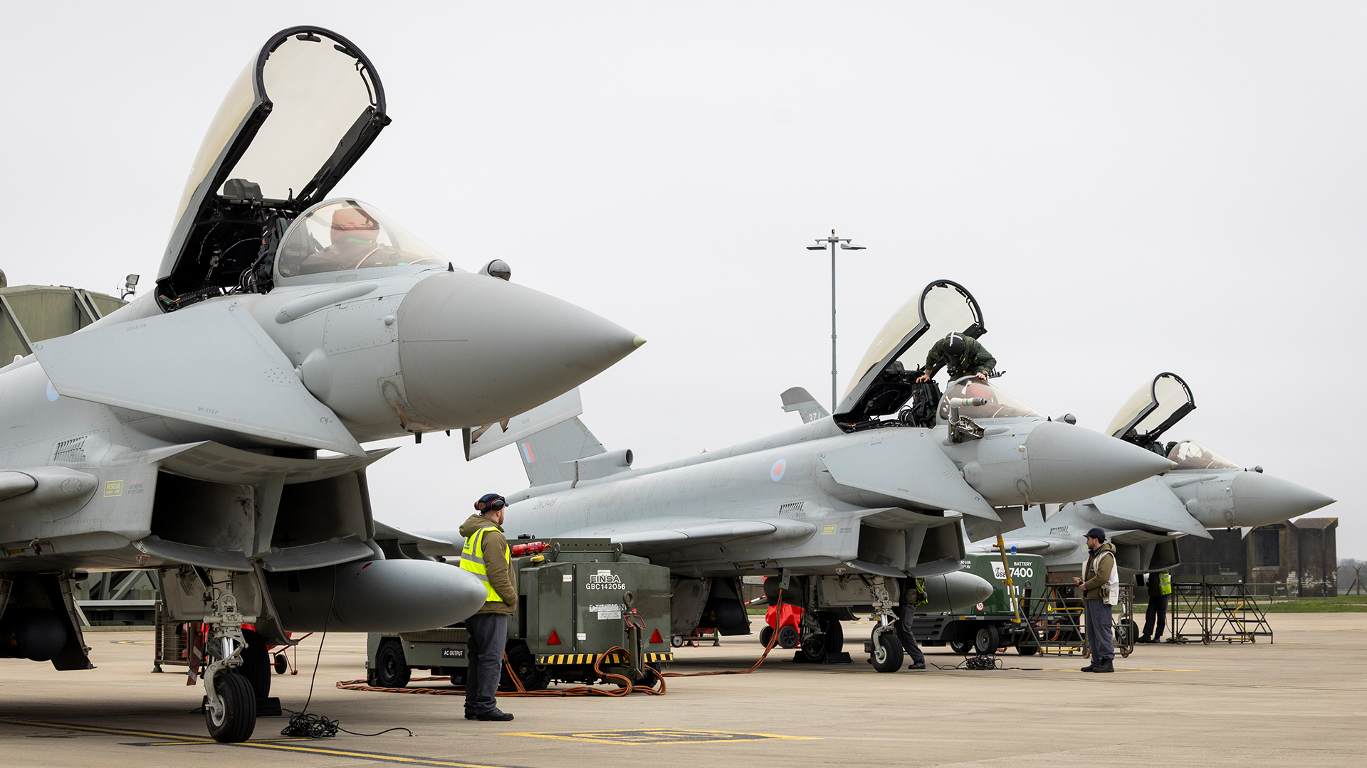 RAF Typhoons prepare to take off from RAF Coningsby to head to Qatar to support the defence of British interests and regional allies in the region