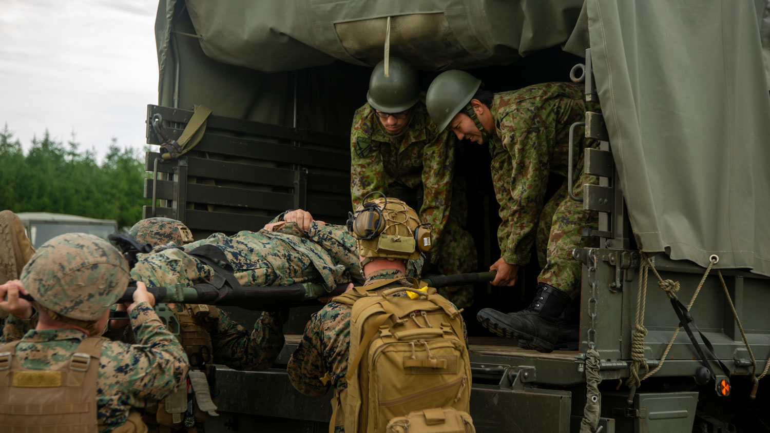 06062025 US Navy and Japanese Ground Self-Defense Force personnel pictured during a medical evacuation drill at in Hokkaido, Japan CREDIT USMC