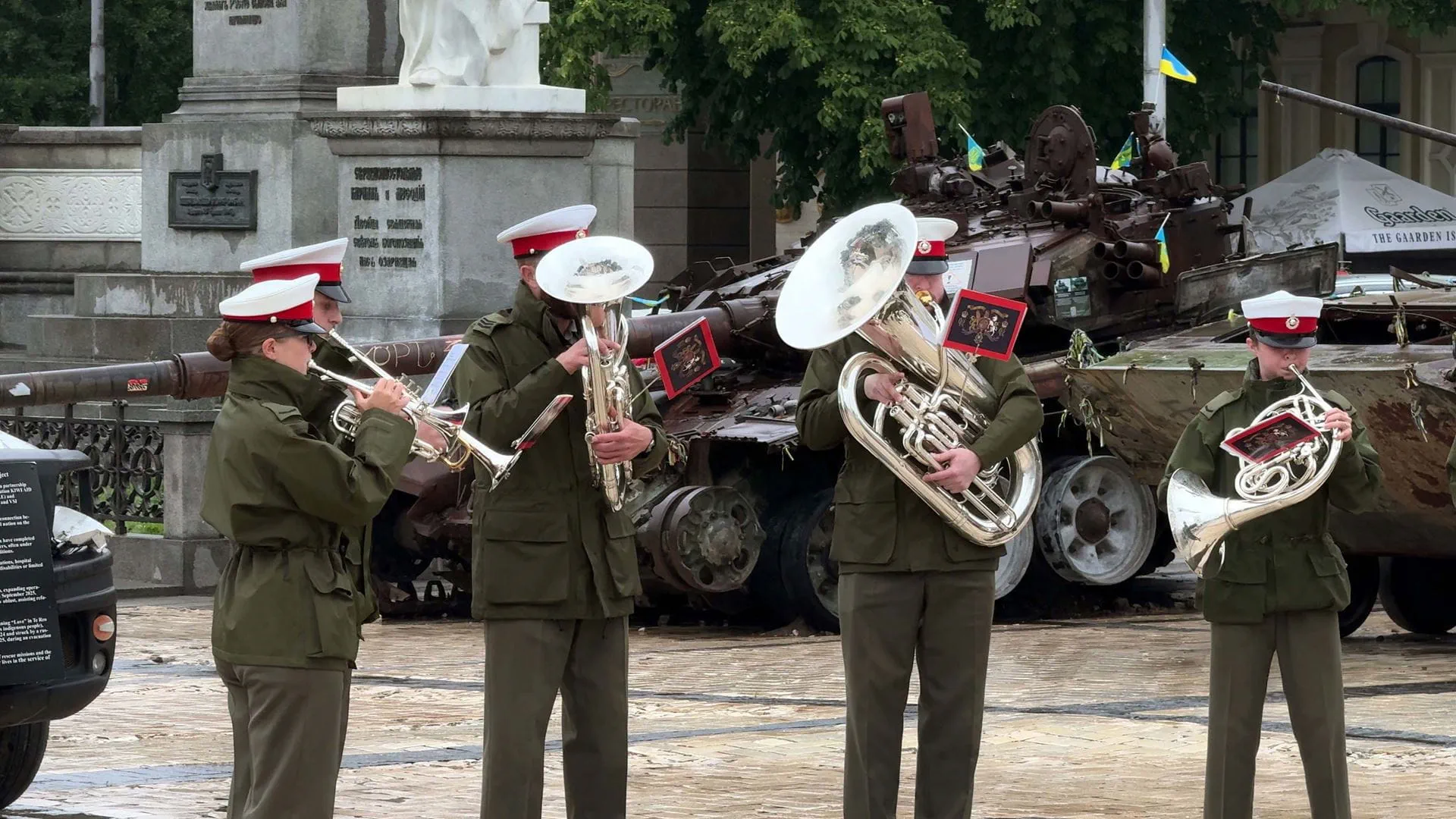 The Plymouth Band perform in front of captured kit