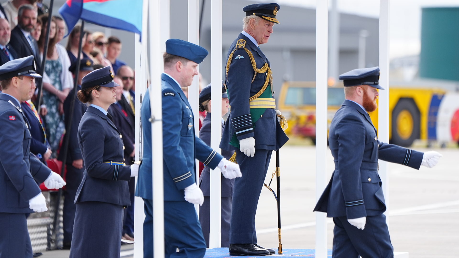 King Charles inspects members of 42 Torpedo Bomber Squadron during a presentation of Squadron Standard