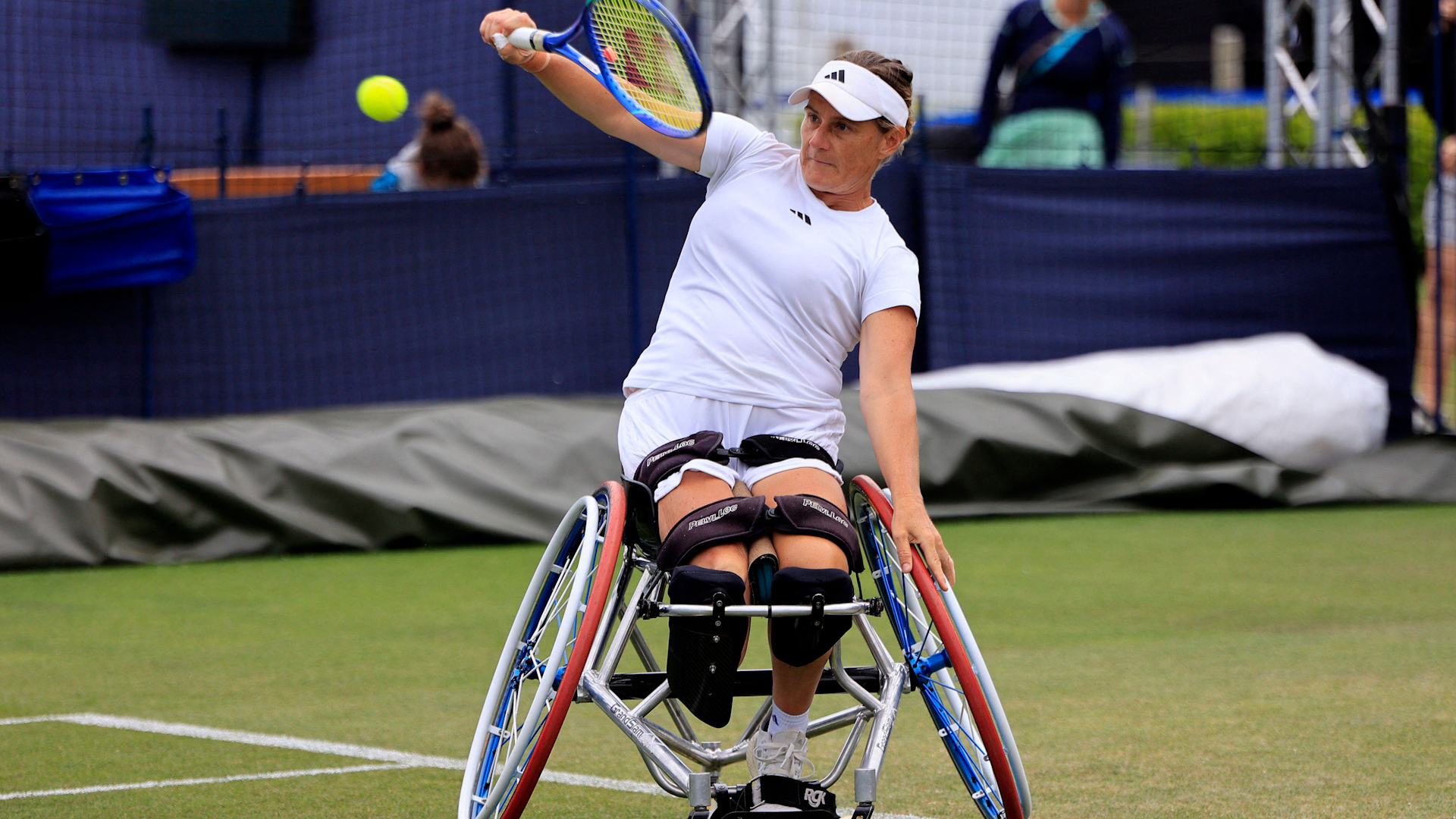 06102026 Cornelia Oosthuizen (GBR) plays a backhand shot against Zhenzhen Zhu (CHN) in the Uniqlo Wheelchair Tennis Tour match CREDIT Action Plus Sport Images NO REUSE .jpg