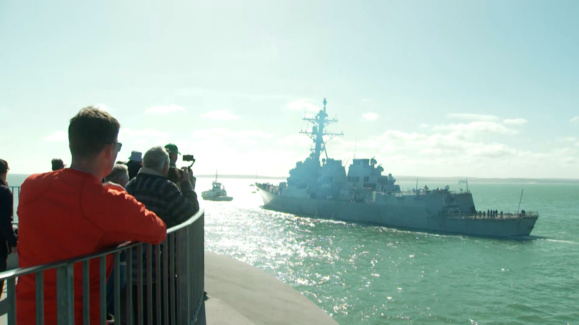 Crowds gathered in Portsmouth to watch the departure of the USS Bulkeley, one of 70 of the US' Arleigh-Burke class of destroyers