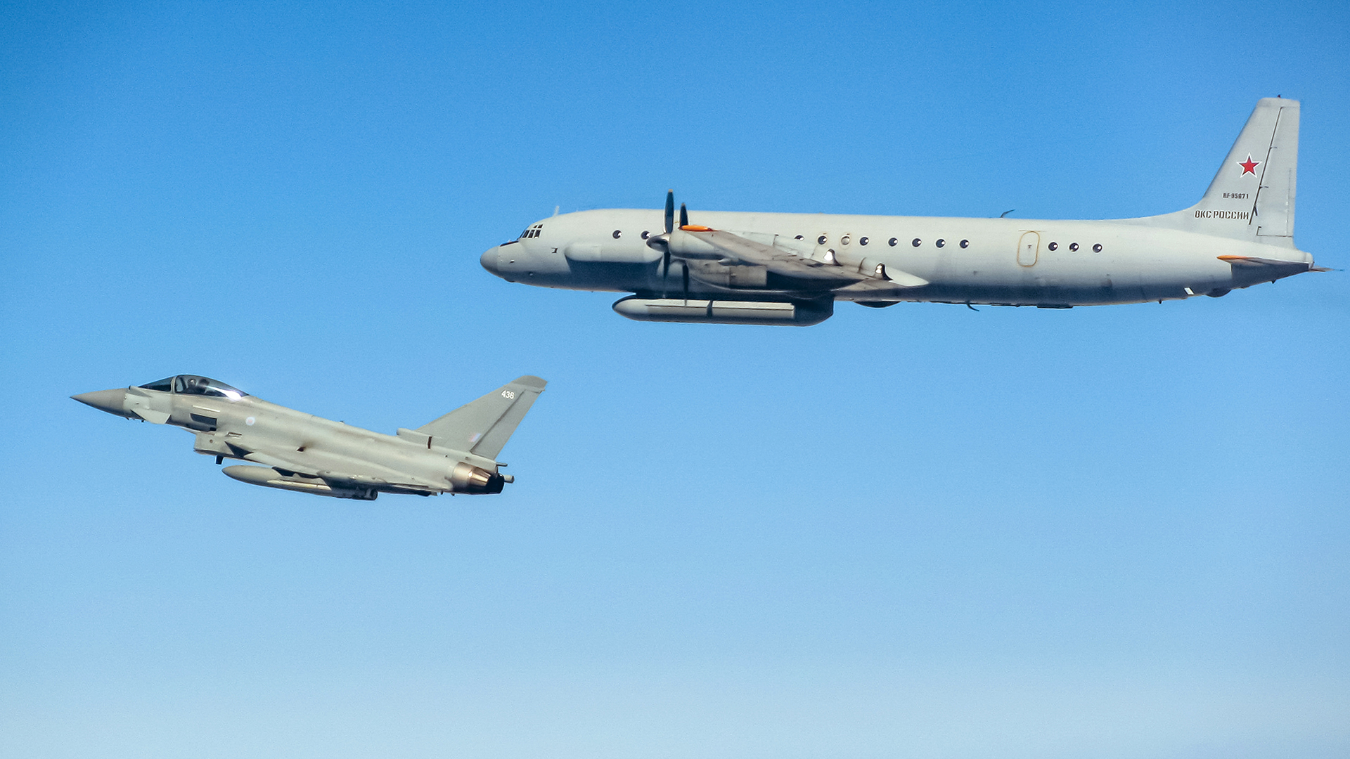 The Typhoon keeps a close watch on the Russian Il-20M, which was one of more than 20 such interceptions