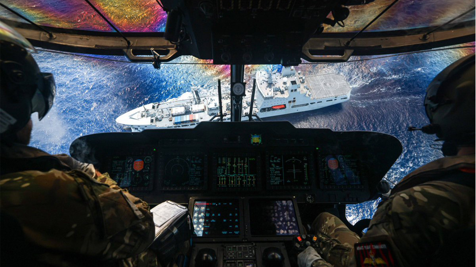 A Royal Navy Merlin Mk2 helicopter eyes up RAF Tidespring during CSG25