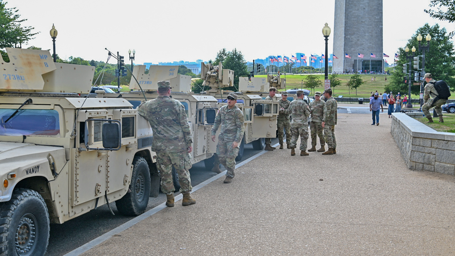 Soldiers set out to patrol near the National Mall in Washington DC