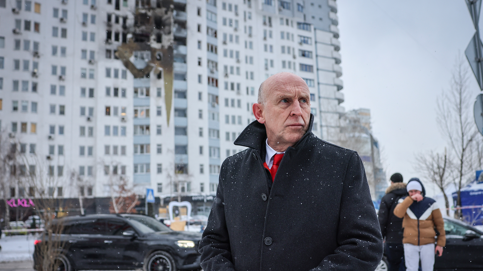 Defence Secretary John Healey visits a residential block of flats which was hit by two Russian drones the previous night, killing a paramedic, emphasising the need to give Ukraine something with which it can retaliate