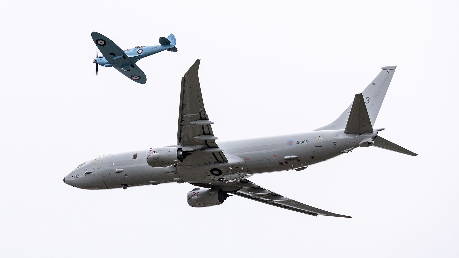 The Spitfire TR9 flew in formation with a P-8A Poseidon as it flew from Leuchars Station to RAF Lossiemouth