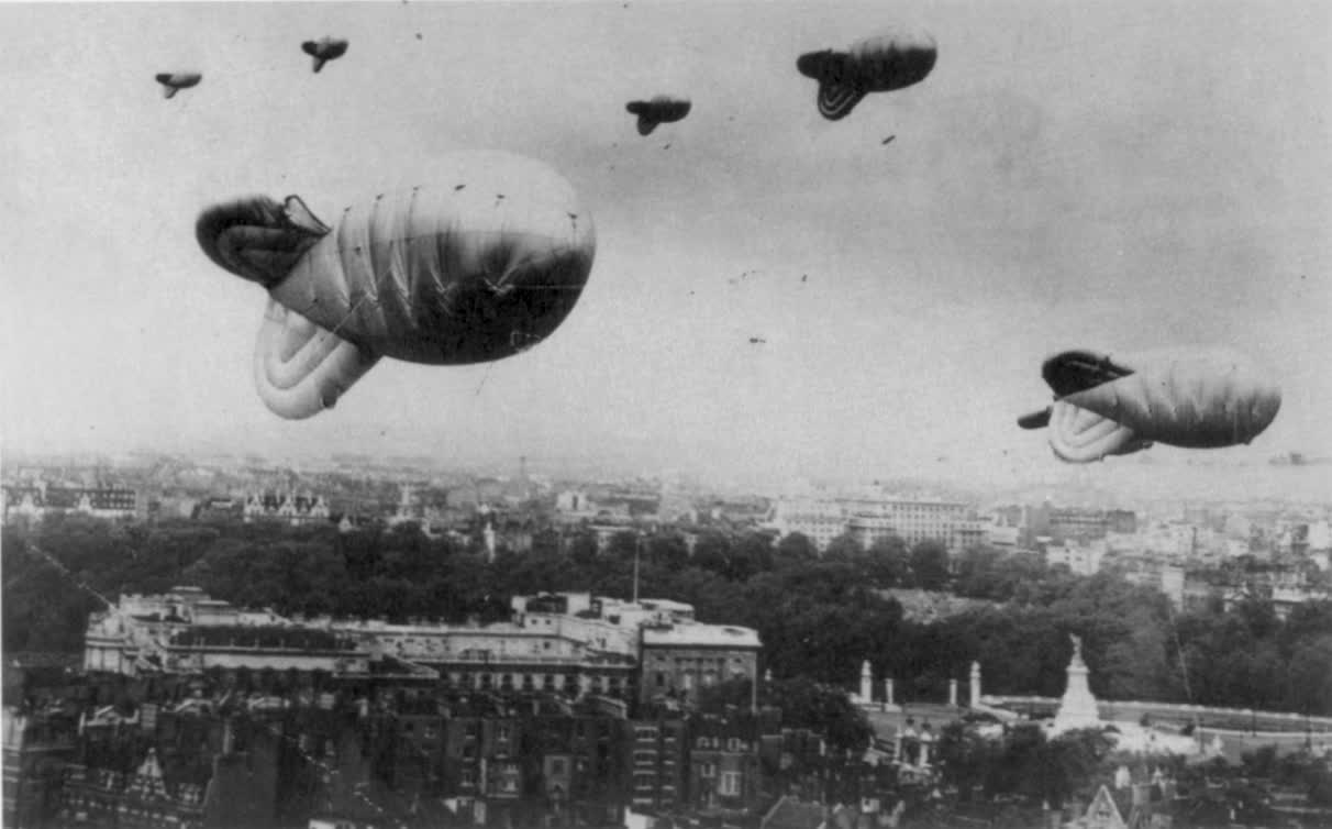 Barrage baloons over london black and white image 