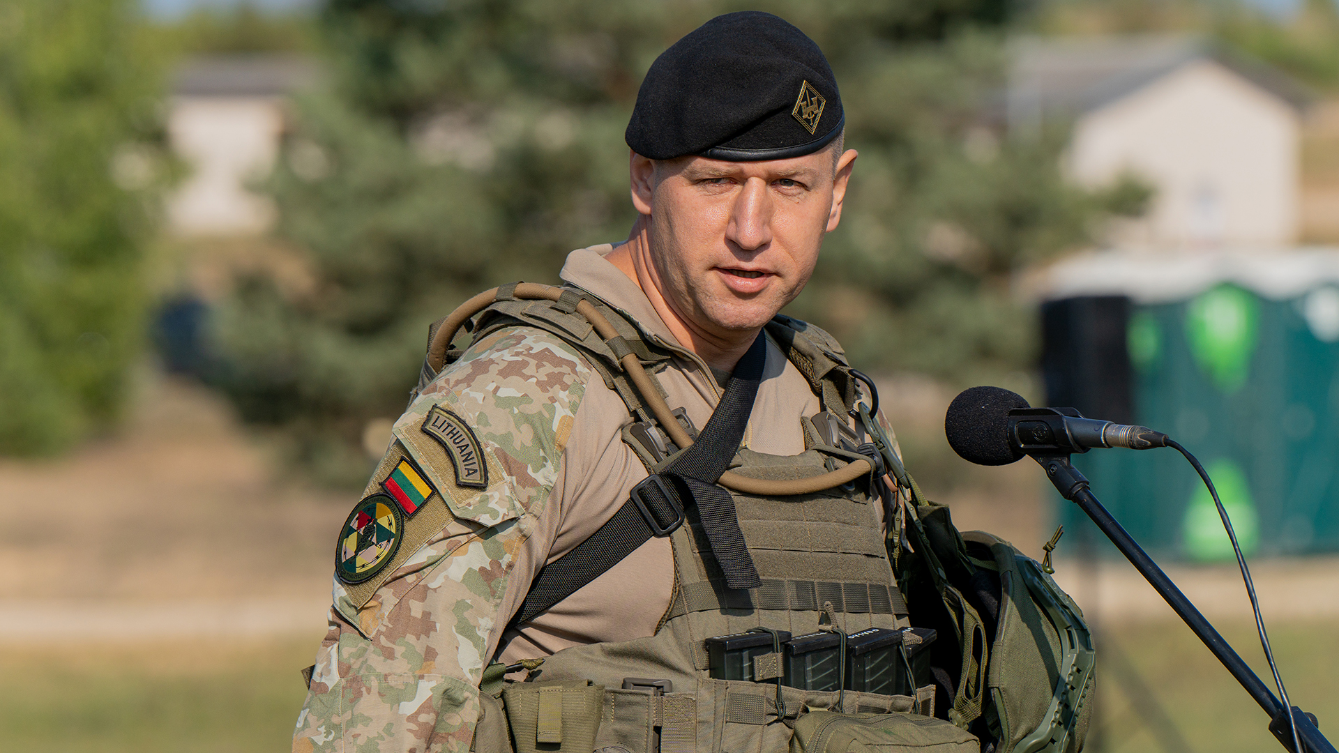 Lieutenant Colonel Ramūnas Sabaitis, the commander of the Colonel Juozas Vitkus Engineer Battalion, addresses his troops