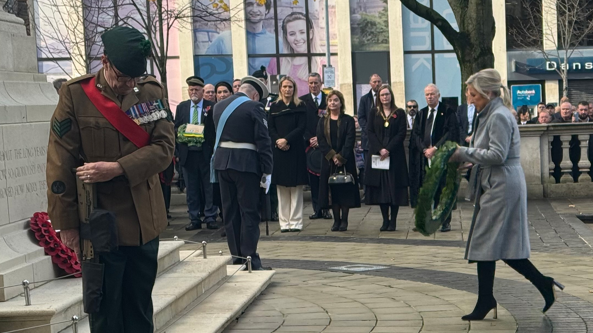 First Minister Michelle O'Neill lays a wreath during the Remembrance Sunday service at Belfast City Hall (Picture: PA)