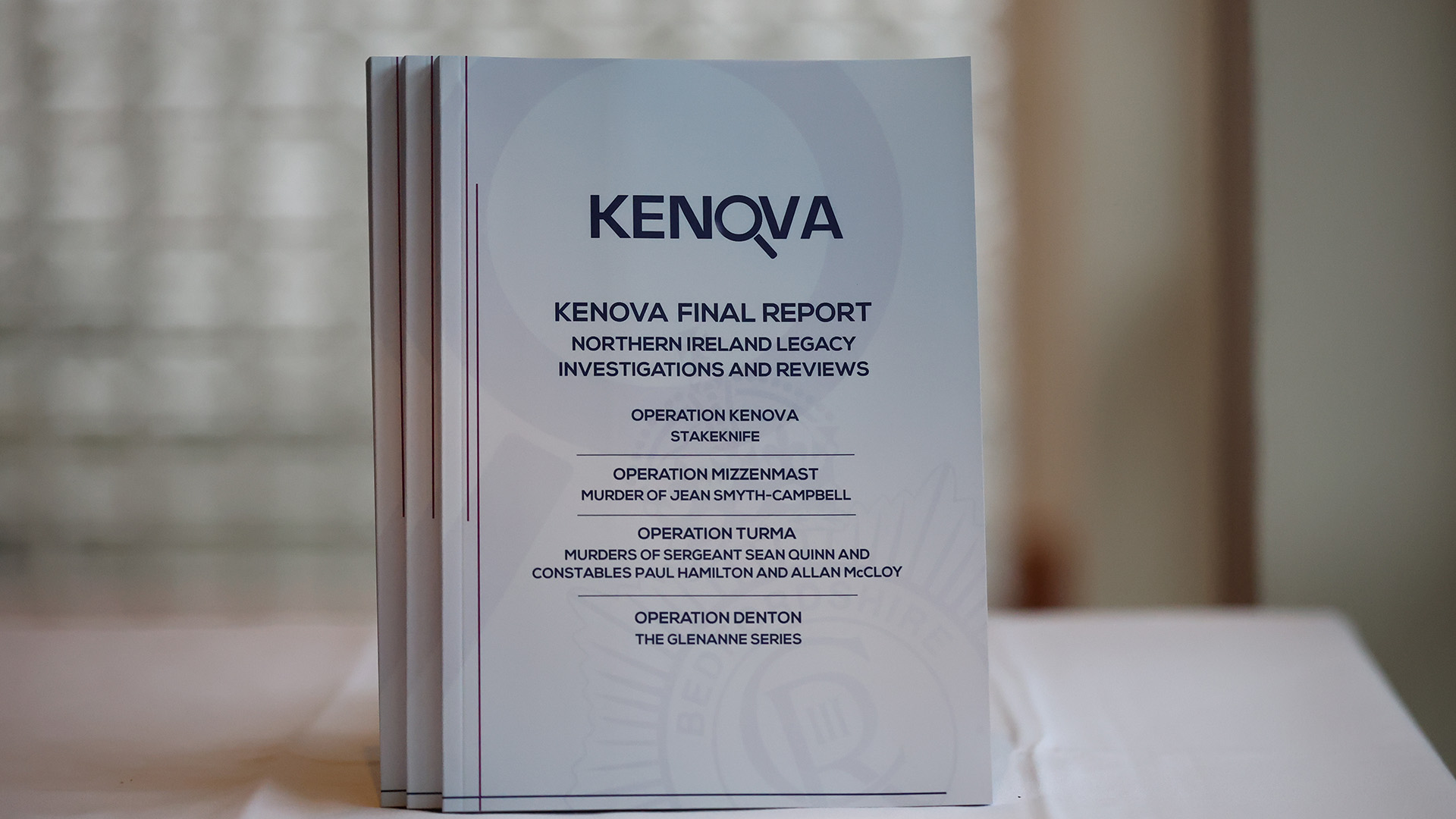 The final Kenova report by the PSNI into Stakeknife, the British Army's top agent inside the IRA in Northern Ireland during the Troubles in display at the Stormont Hotel in Belfast