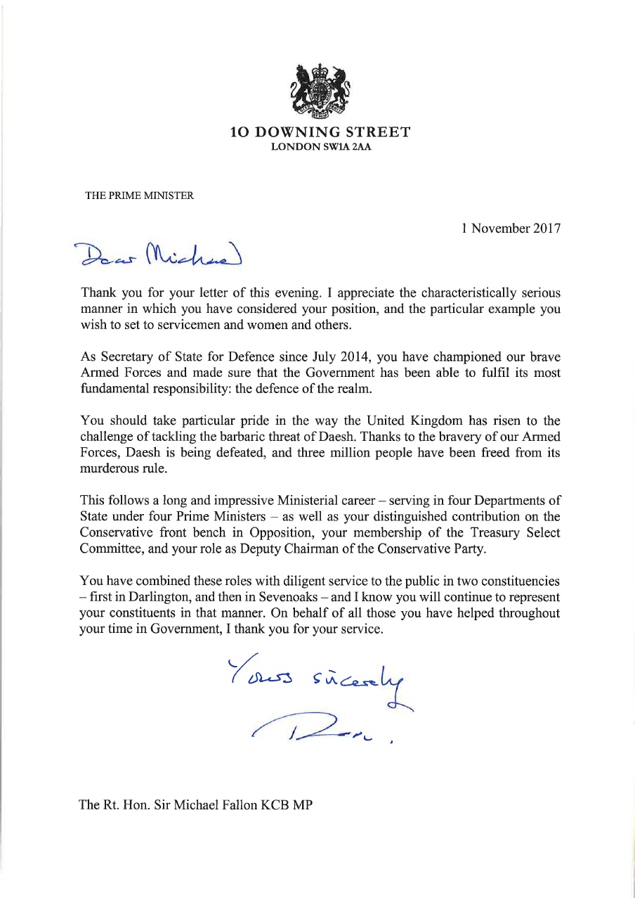 PM May reply to Fallon’s resignation letter Photograph: Handout