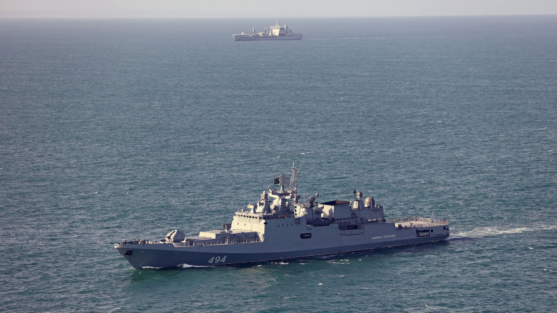 RFA Tideforce (background) monitors the Russian frigate Admiral Grigorovich