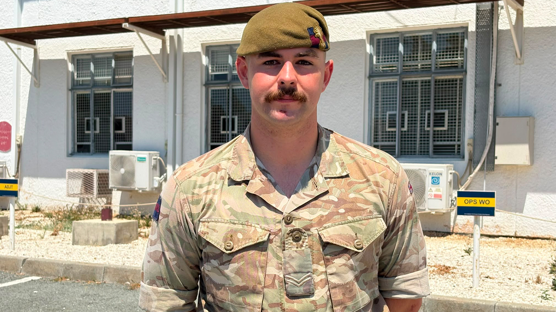 Lance Corporal Kieran Thomas - lance corporals wear two stripes in the Foot Guards - is looking forward to a mix of regular soldiering and the beach during his posting (Picture: BFBS)