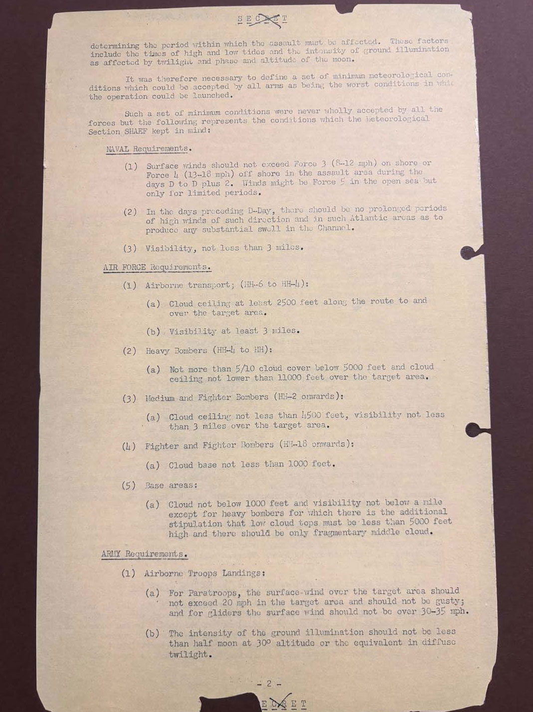 The document shows the minimum meteorological conditions which all branches of the Armed Forces would accept for the operation to be launched. However, they were "never wholly accepted by all the forces" (Picture: MOD)