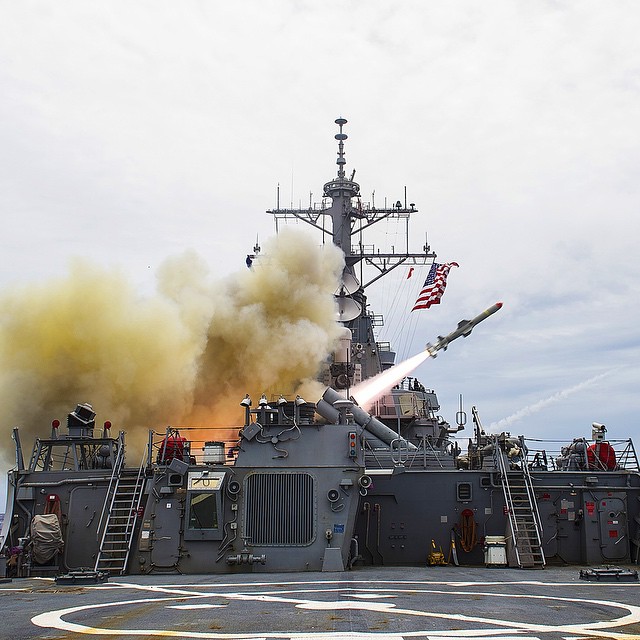 USS Stetham launching a Harpoon missile during earlier exercises
