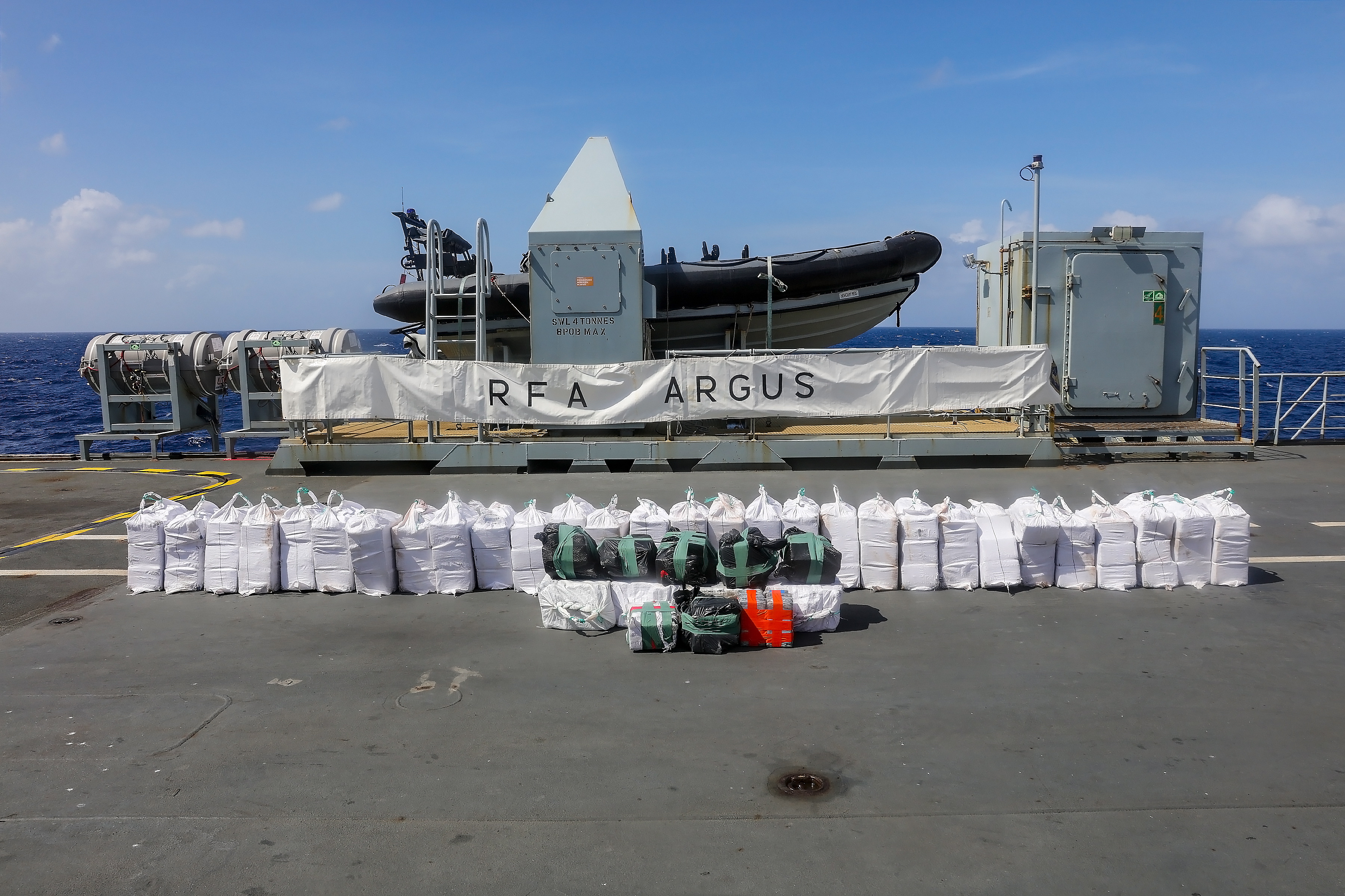 Cover image: Seized narcotics on RFA Argus' flight deck (Picture: Royal Navy).