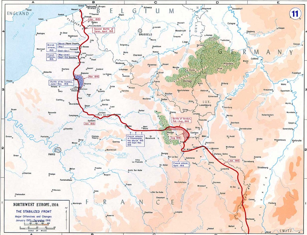 A map of the Western Front in 1915 and 16, showing the German salient above Paris (image: Public Domain)
