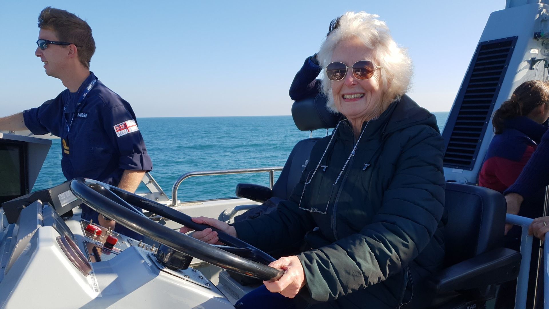 Dame Mary aboard the latest HMS Dasher - one of 16 Archer-class patrol vessels assigned to the Coastal Forces Squadron 