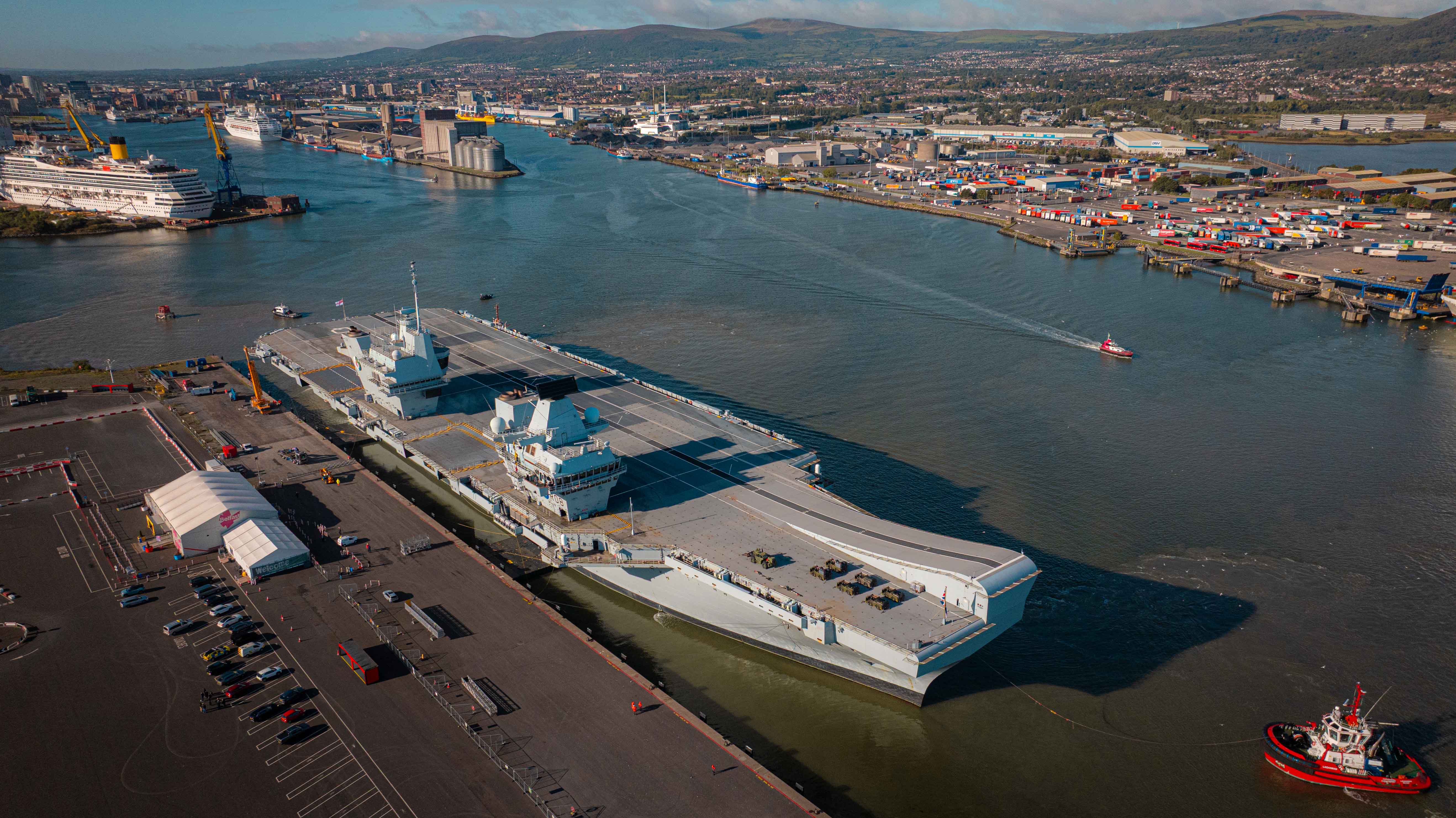 The 65,000-tonne warship is currently on standby to serve as Nato's command ship for the Allied Reaction Force, having assumed the role earlier this year (Picture: Belfast Harbour)