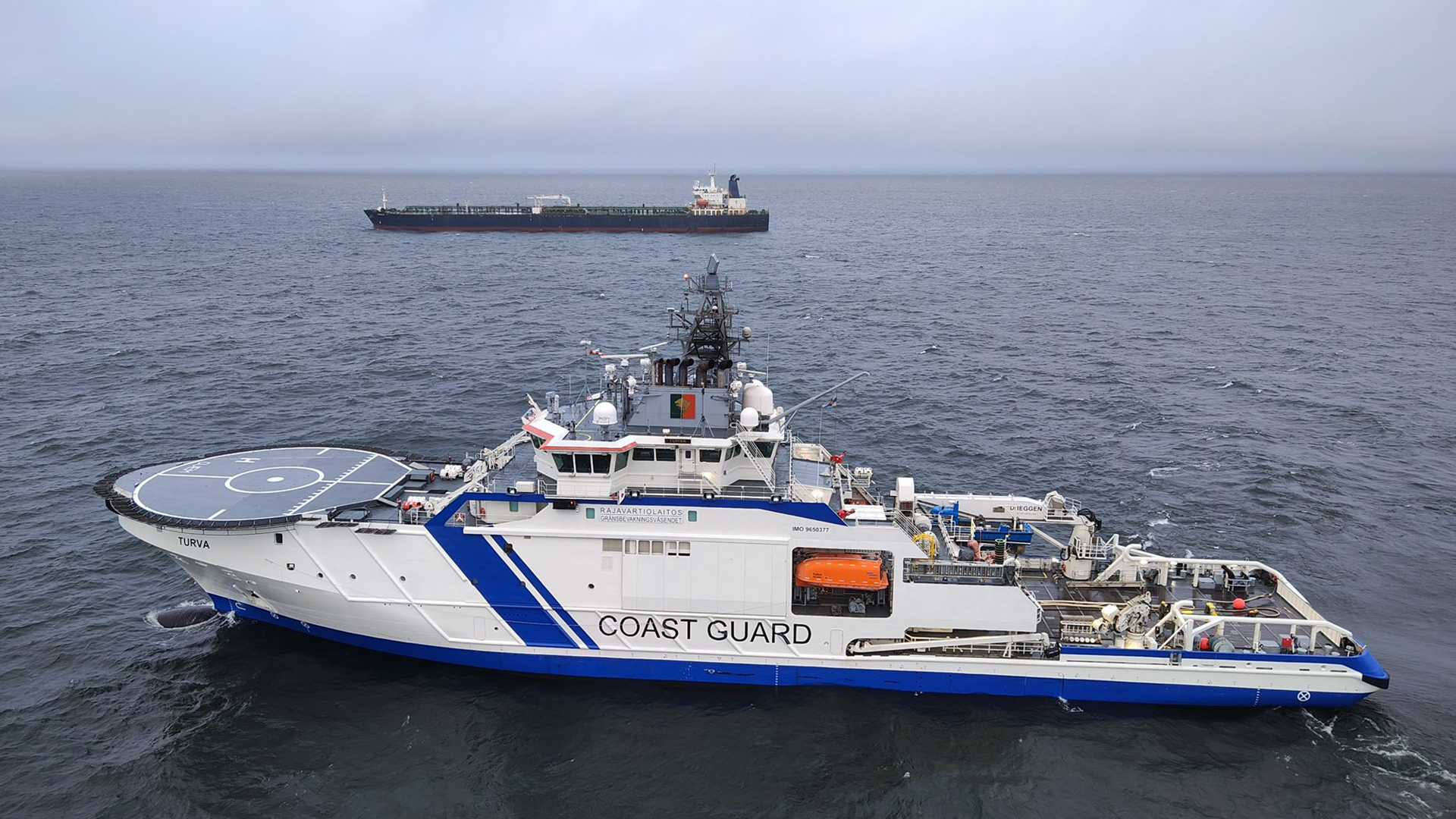 The Finnish Coast Guard monitors a shadow fleet tanker in the Baltic