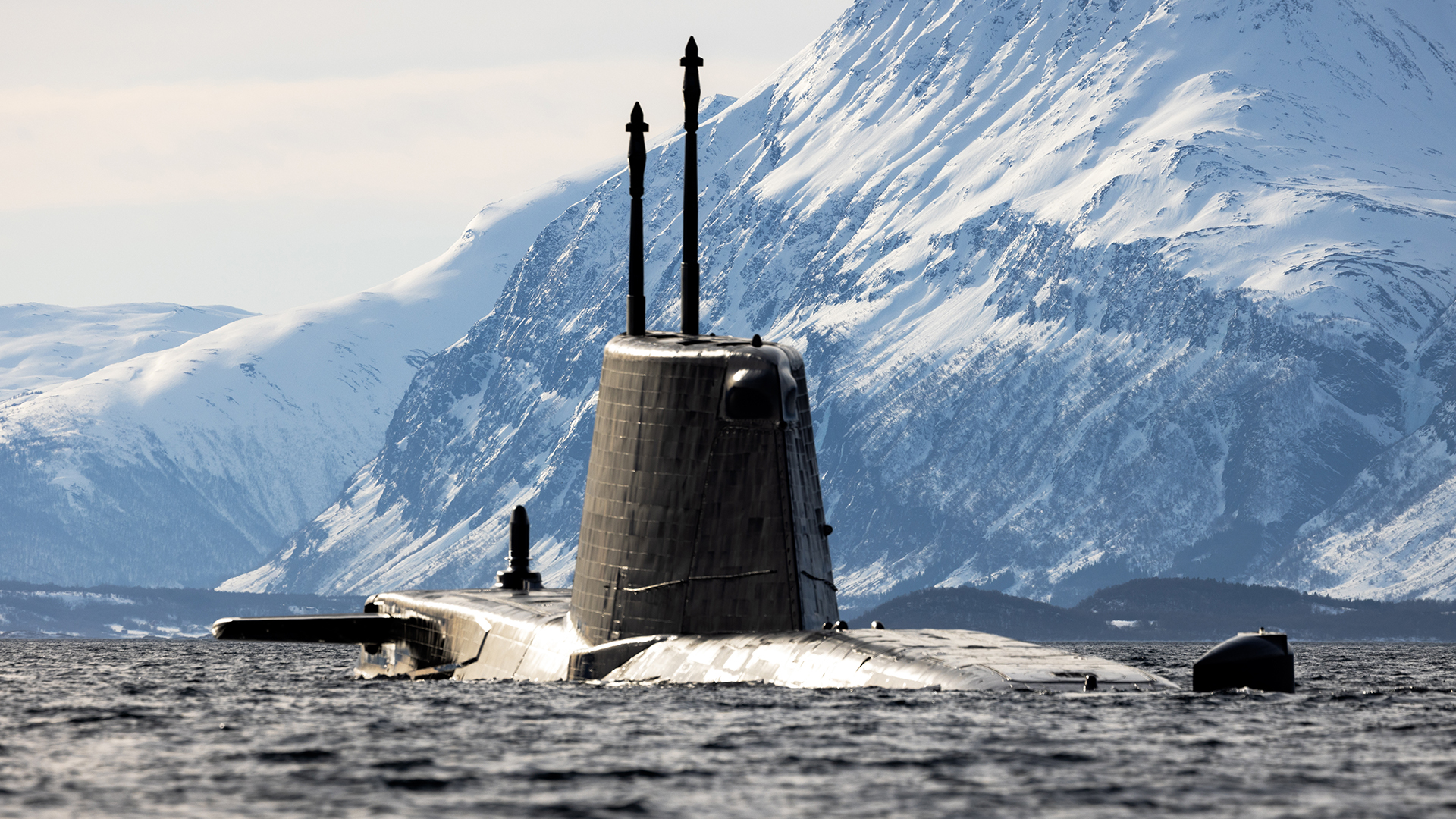 A Royal Navy submarine at Lyngan Fjord in northern Norway