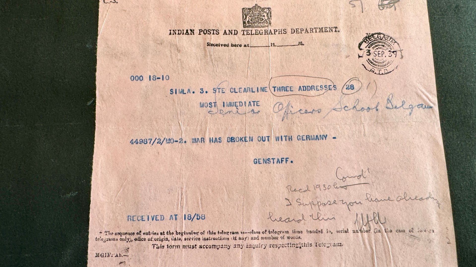 The telegram received by Field Marshal Slim in 1939, informing him that war had broken out with Germany