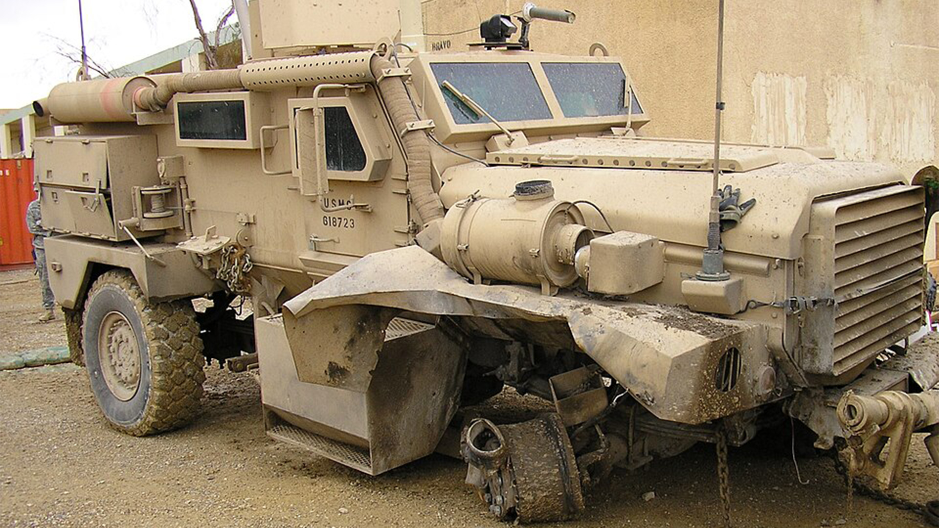 Despite having one wheel blown off by a mine, this USMC Cougar was able to be driven to a safe area, with all three crew members suffering only minor injuries (Picture: US Department of War)
