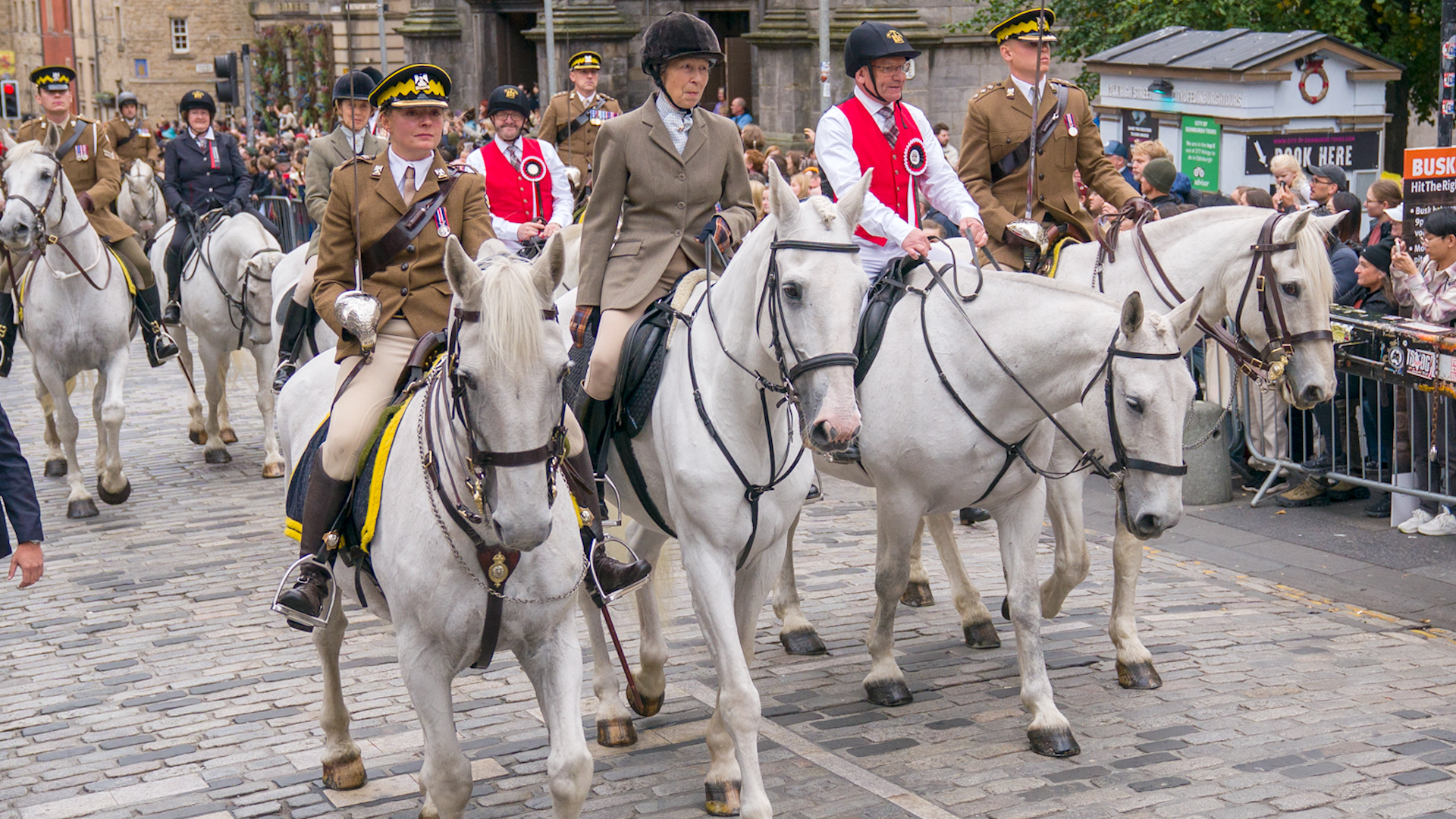 Princess Anne rides alongside Scots DG soldiers and the Lord Provost at Edinburgh Riding of the Marches