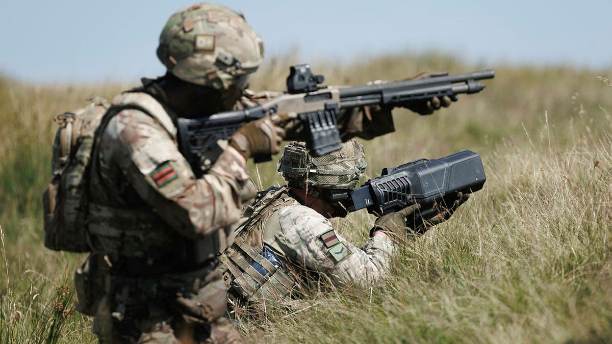 These soldiers from 1 Rifles are testing the Mossberg 590M counter-UAS shotgun and a handheld effector, but Project Panoptes is looking for an autonomous system (Picture: MOD)