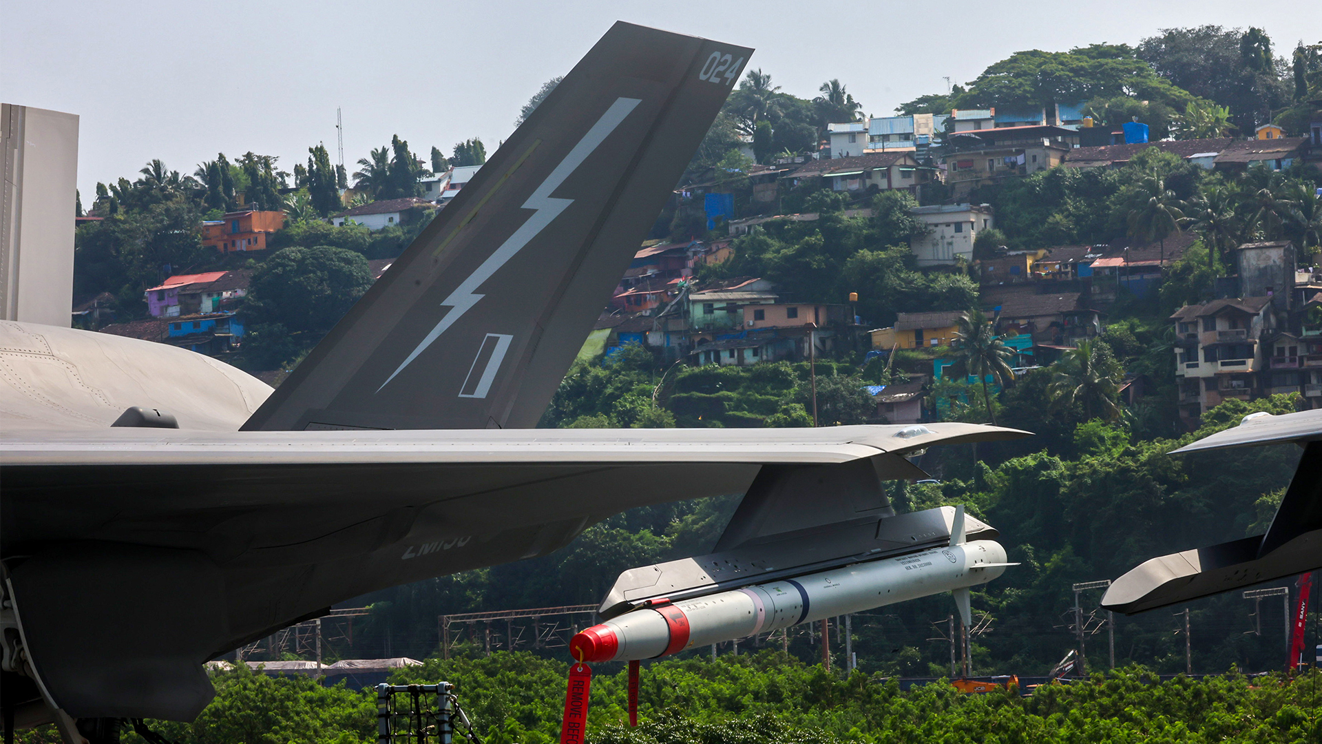 A 617 Squadron F-35B leaves Goa on board HMS Prince of Wales with ASRAAM missiles fitted on underwing hardpoints