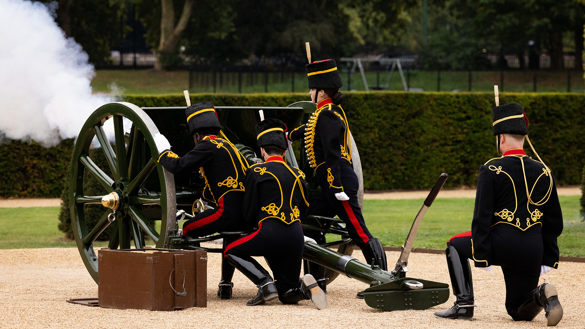 Members of The King's Troop fire a gun salute in memory of Field Marshal Lord Guthrie
